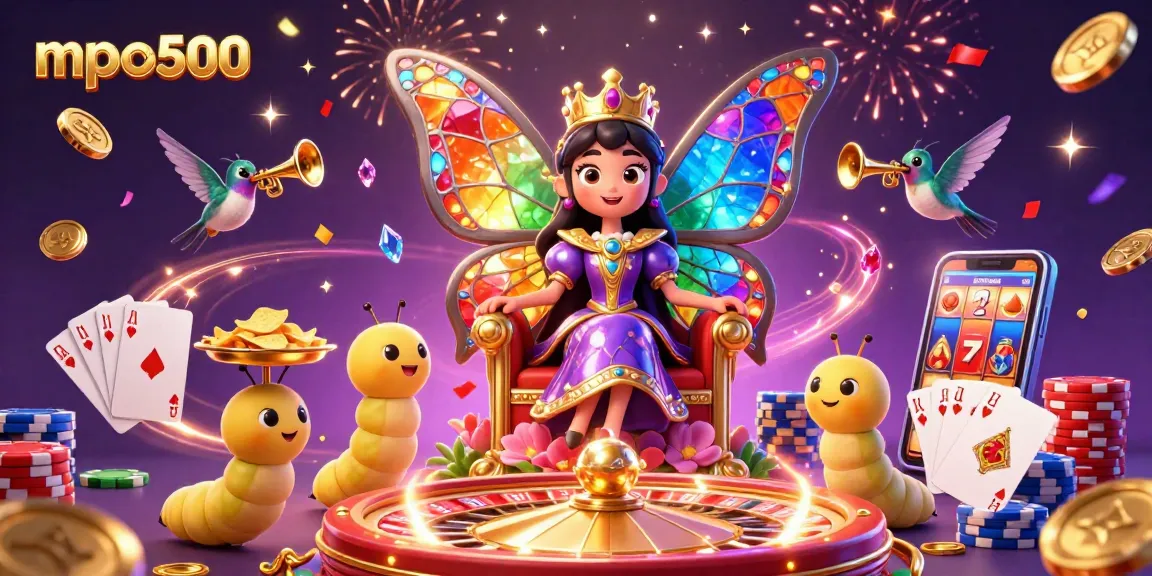 Engage with mpo500's vibrant gaming experience while admiring a dazzling 3D butterfly queen illustration.