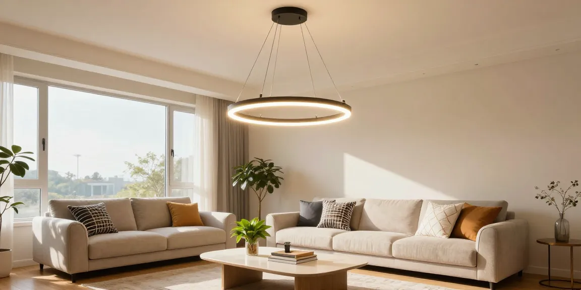 Lustra LED modernă în living, iluminat natural, atmosferă confortabilă.