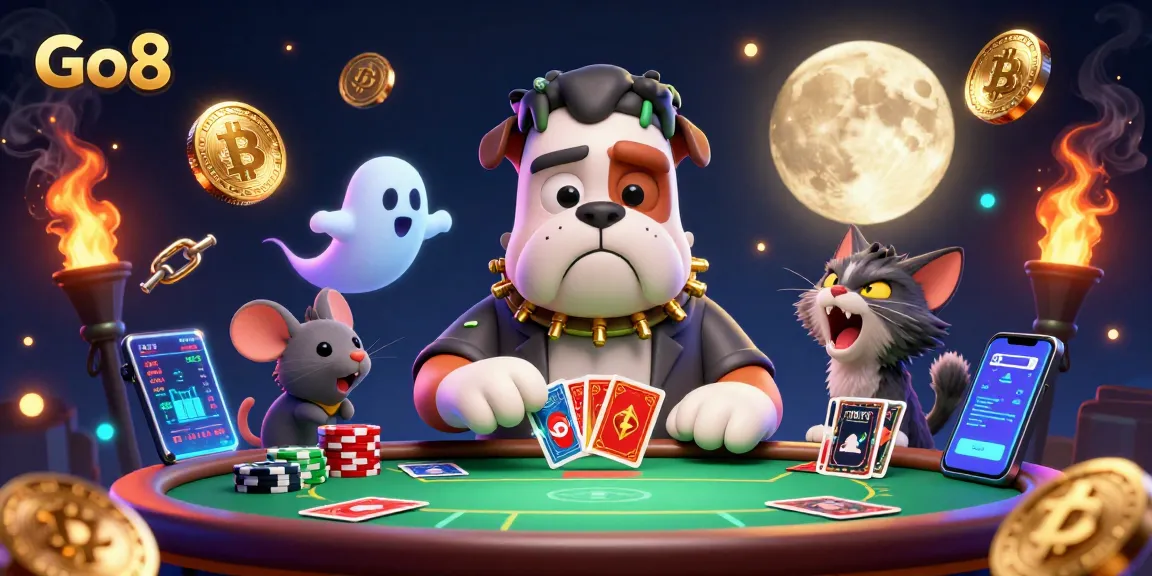 Go8 poker scene with a Frankenstein bulldog dealer, ghost mouse, and werewolf kitten amidst crypto elements.