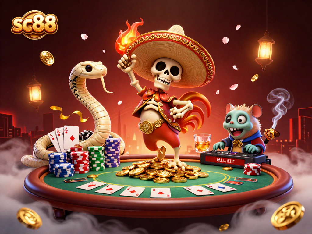 sc88 showcases a lively scene with a dancing mariachi rooster on poker chips and gold coins.