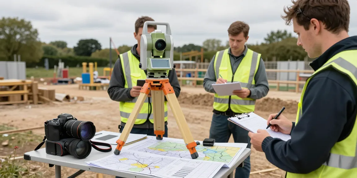 Topographical surveys London & Surrey conducted by a professional team using advanced robotic total stations outdoors.