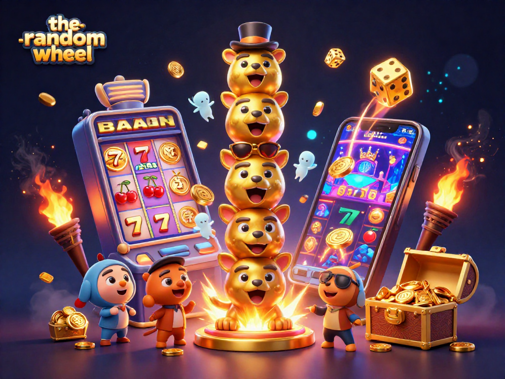 Spin the random wheel and win prizes in a vibrant casino game scene featuring unique characters and dynamic elements.