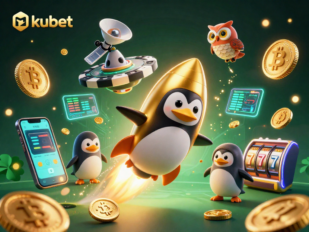 Experience kubet with a vibrant 3D casino adventure featuring a golden penguin and crypto elements