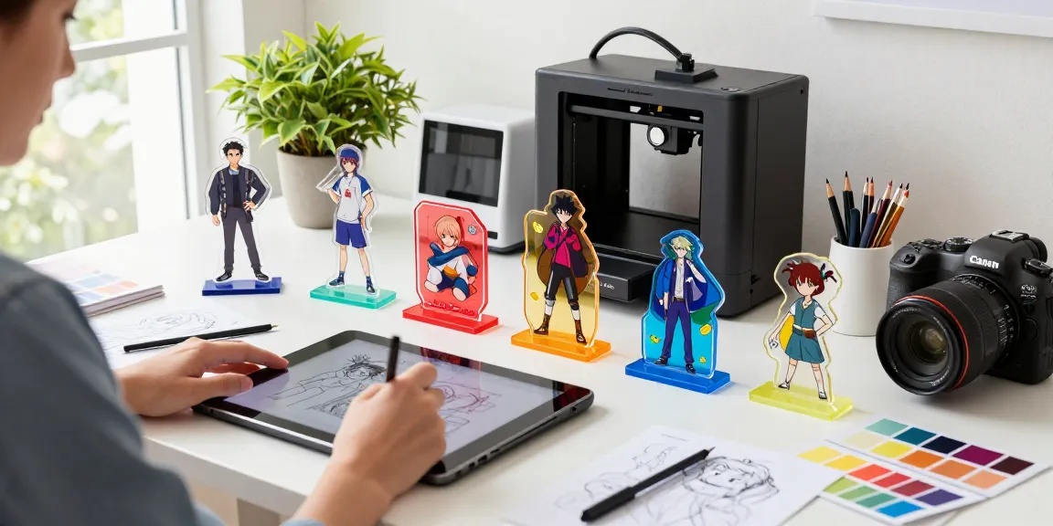 Custom acrylic standee designs on a creative workspace desk with a designer using a tablet, bright natural lighting enhancing the vibrant colours.