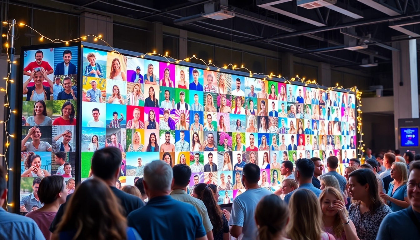 Engage with the vibrant interactive photo wall filled with colorful images.