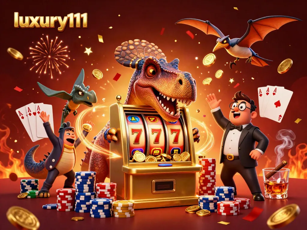 Luxury111 showcases a thrilling scene with a dinosaur headbutting a slot machine, capturing jackpot coins amid dynamic casino elements.