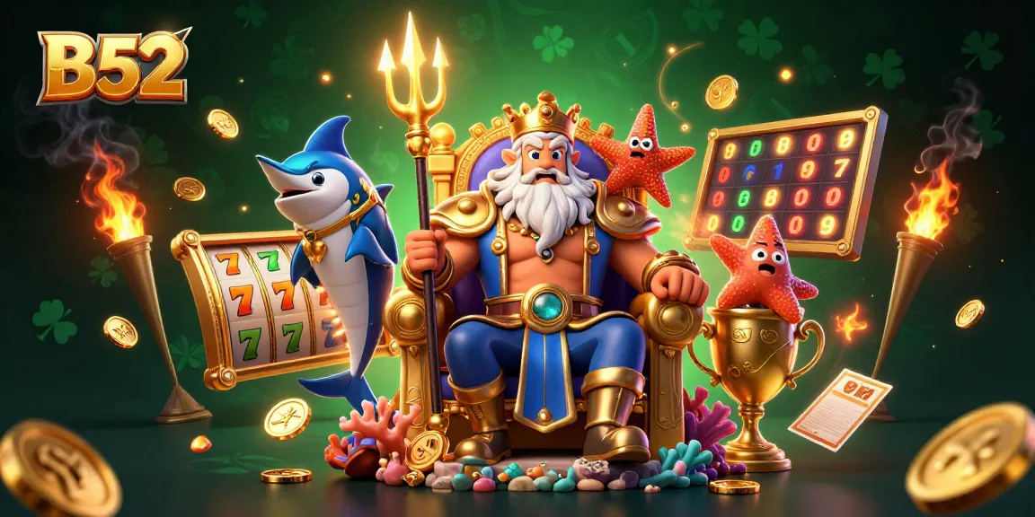 B52 offers exciting slot games with jackpots, enhanced by vibrant casino elements in a colorful 3D illustration.