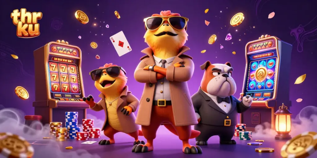Experience thrilling gameplay at thr ku with raptors in disguise attempting VIP access in this vibrant casino scene.