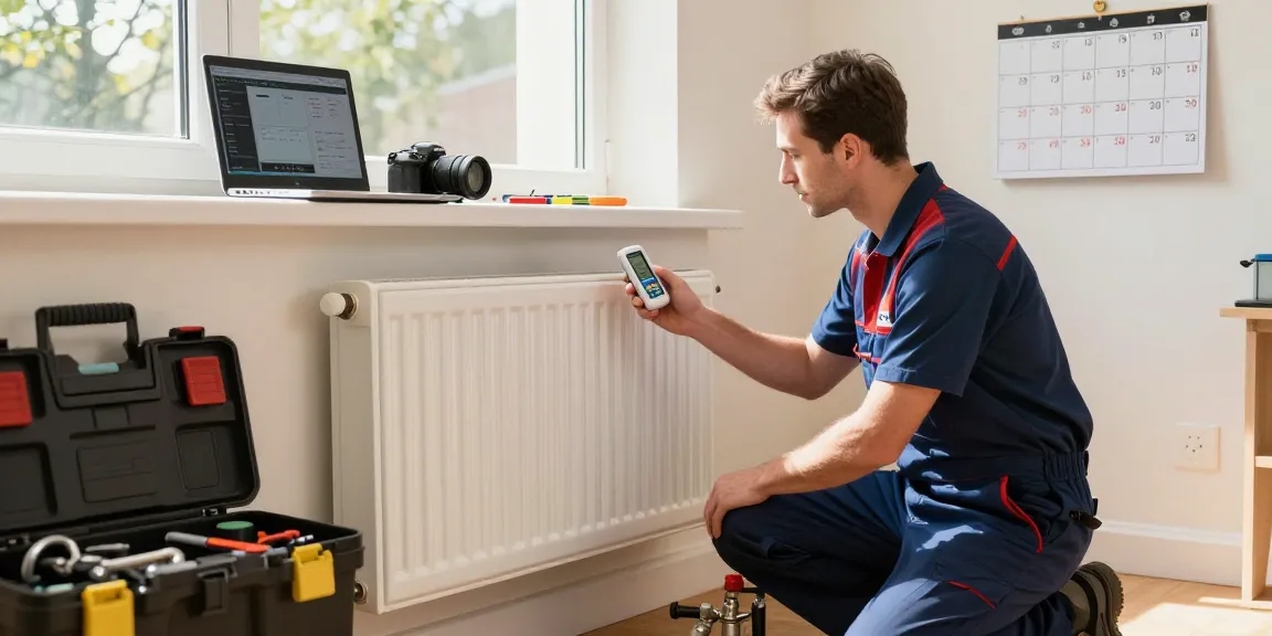 Heating engineer in Bedford inspecting a residential heating system with professional tools.