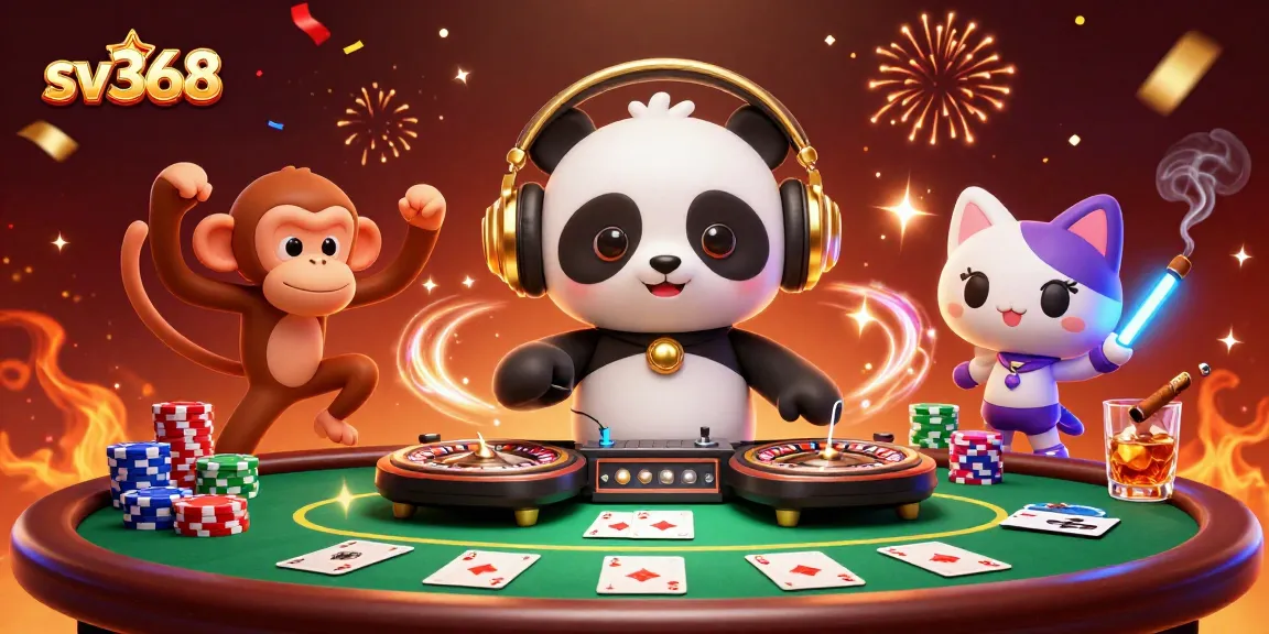 Engage with sv368's vibrant casino atmosphere featuring a DJ panda and breakdancing monkey.