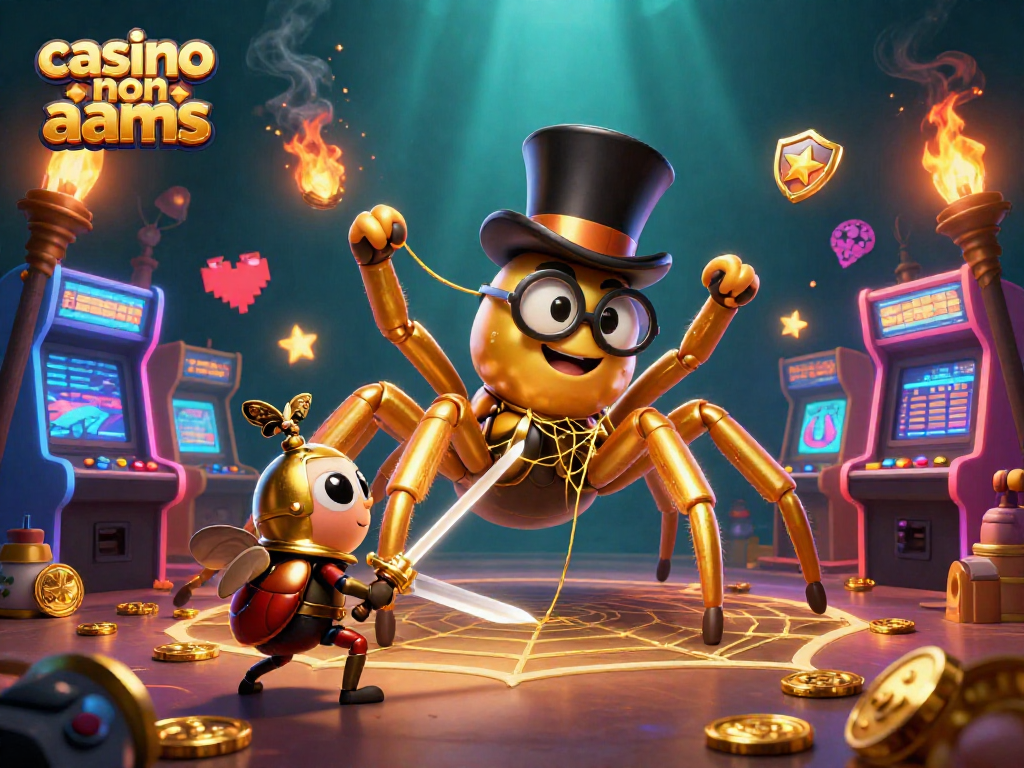 Avventurati nei casinò non AAMS con una tarantola dorata e un cavaliere scarabeo in un ambiente ricco di giochi e luci.