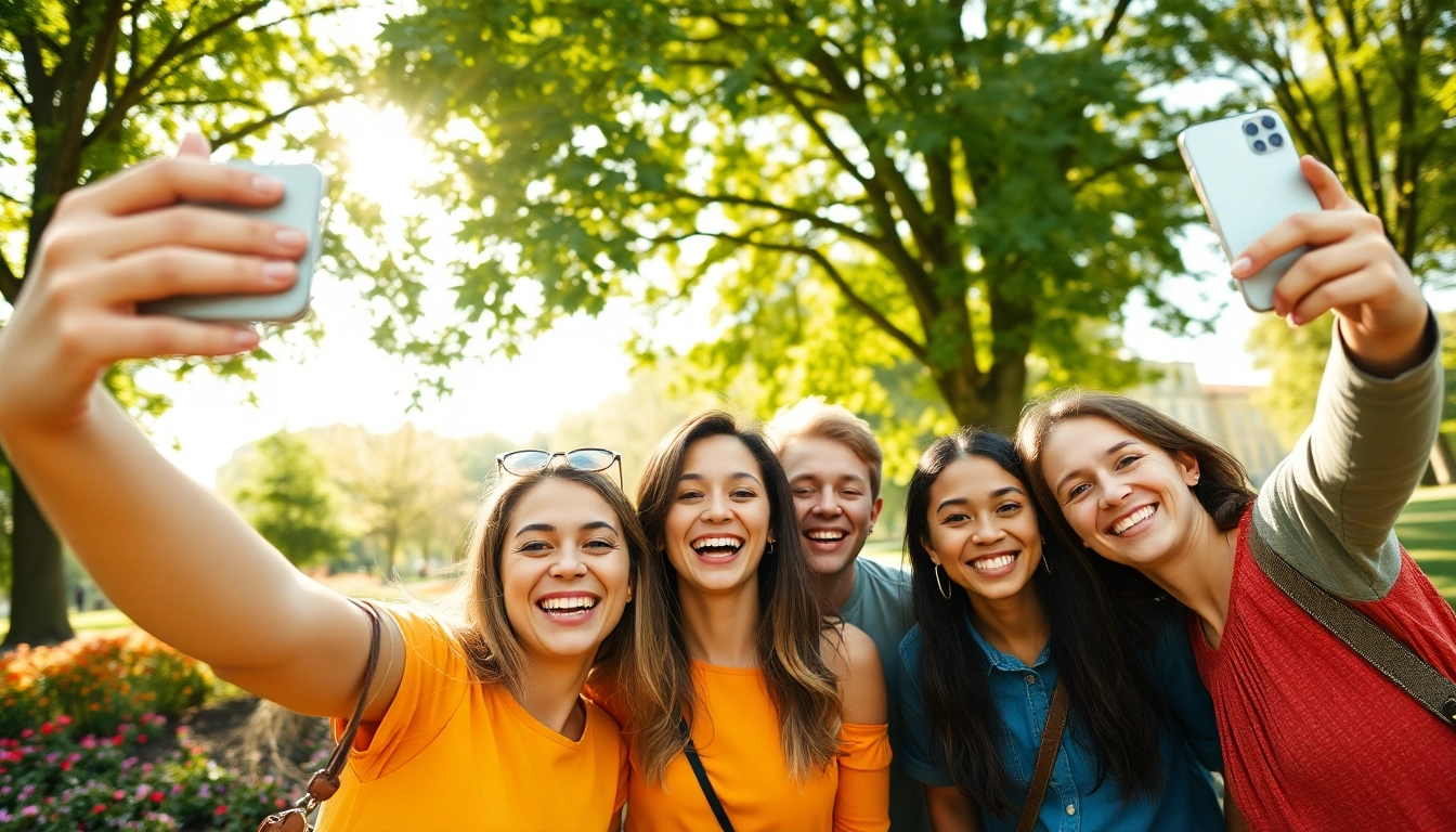 Friends joyfully capturing a selfie in a sunny park, showcasing moments of happiness.