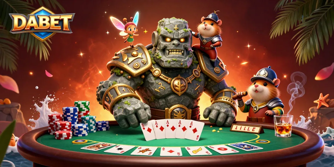 DABET poker scene showcasing a golem guardian, fairy, and hamster knight amid colorful chips and cards.