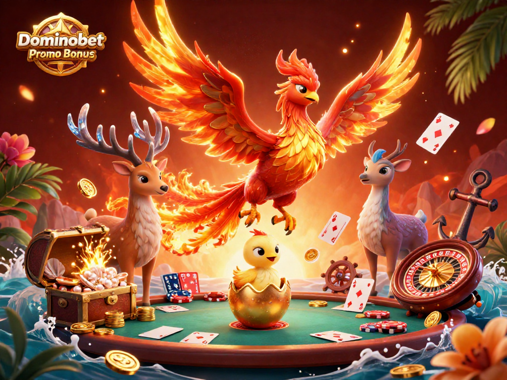Engage with Dominobet Promo Bonus through competitive poker illustrations and vibrant casino elements.