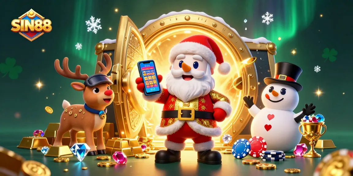 Spin to win with SIN88, a festive jackpot celebration with Santa and friends in an exciting casino atmosphere.