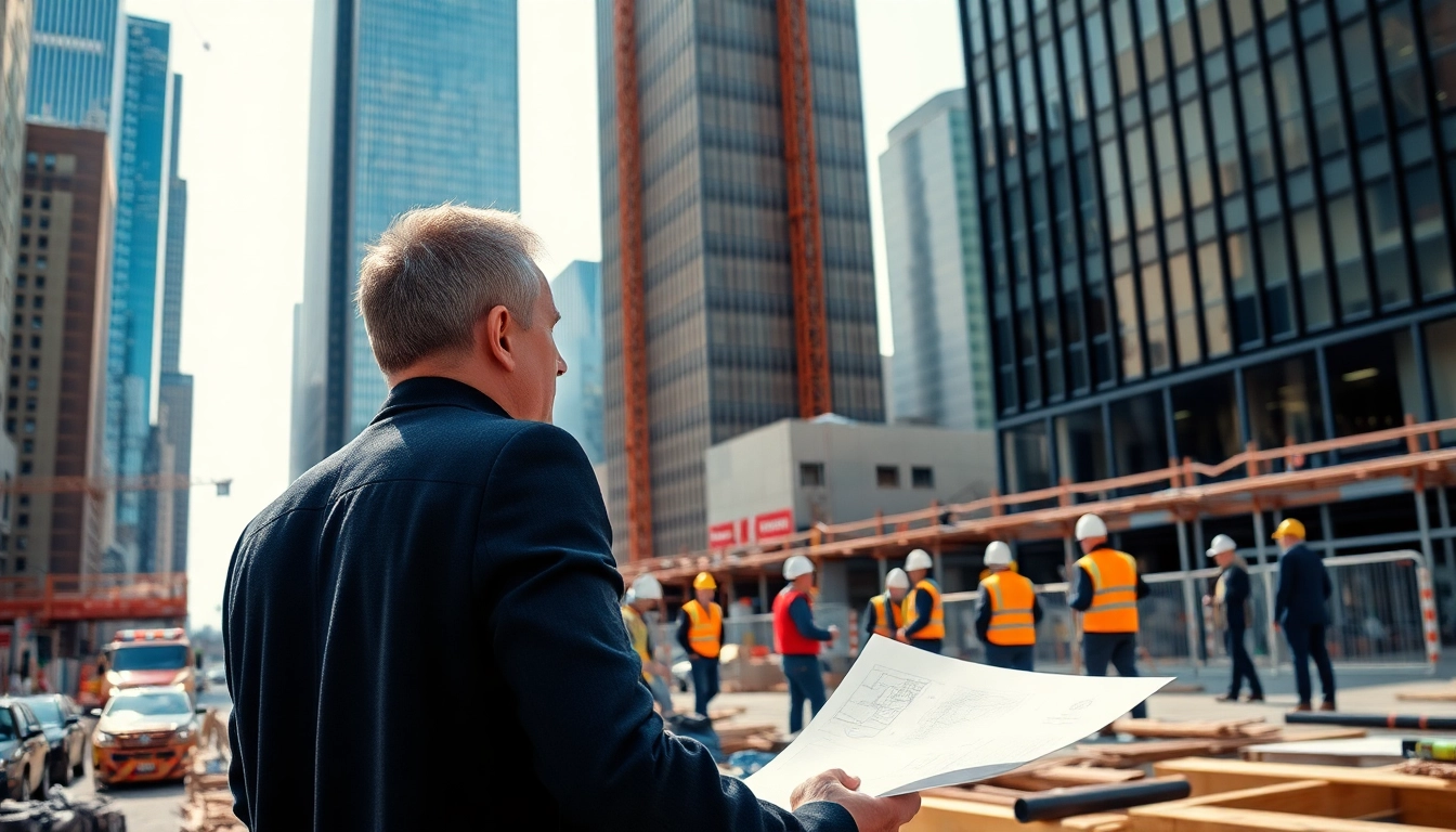 New York Construction Manager supervising an active construction site in a bustling urban setting.