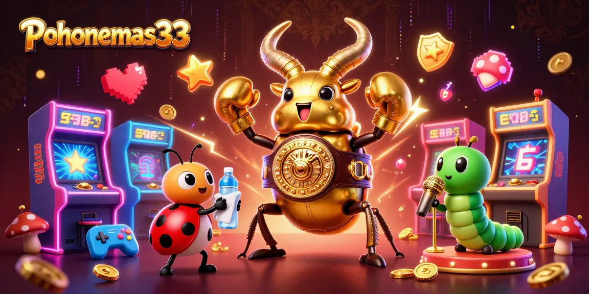 Pohonemas33 showcases a giant stag beetle champion battling in a vibrant, casino-themed 3D arena.