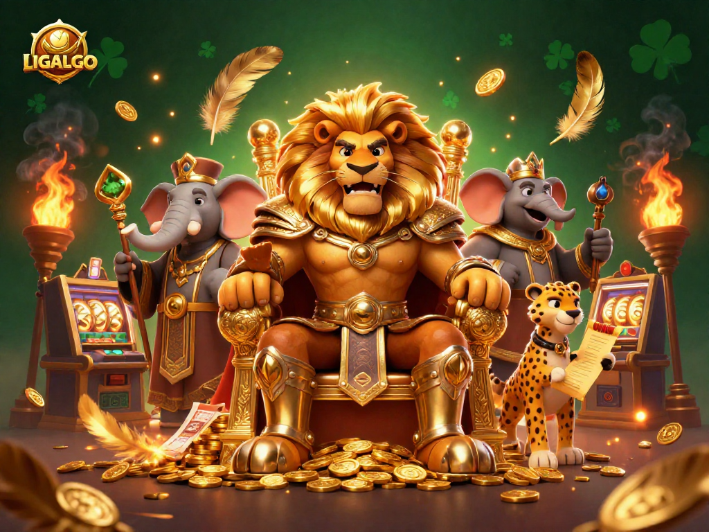 LIGALGO showcases a fierce lion king, wise elephant, and quick cheetah in an exciting casino scene with slot machines and golden tokens.