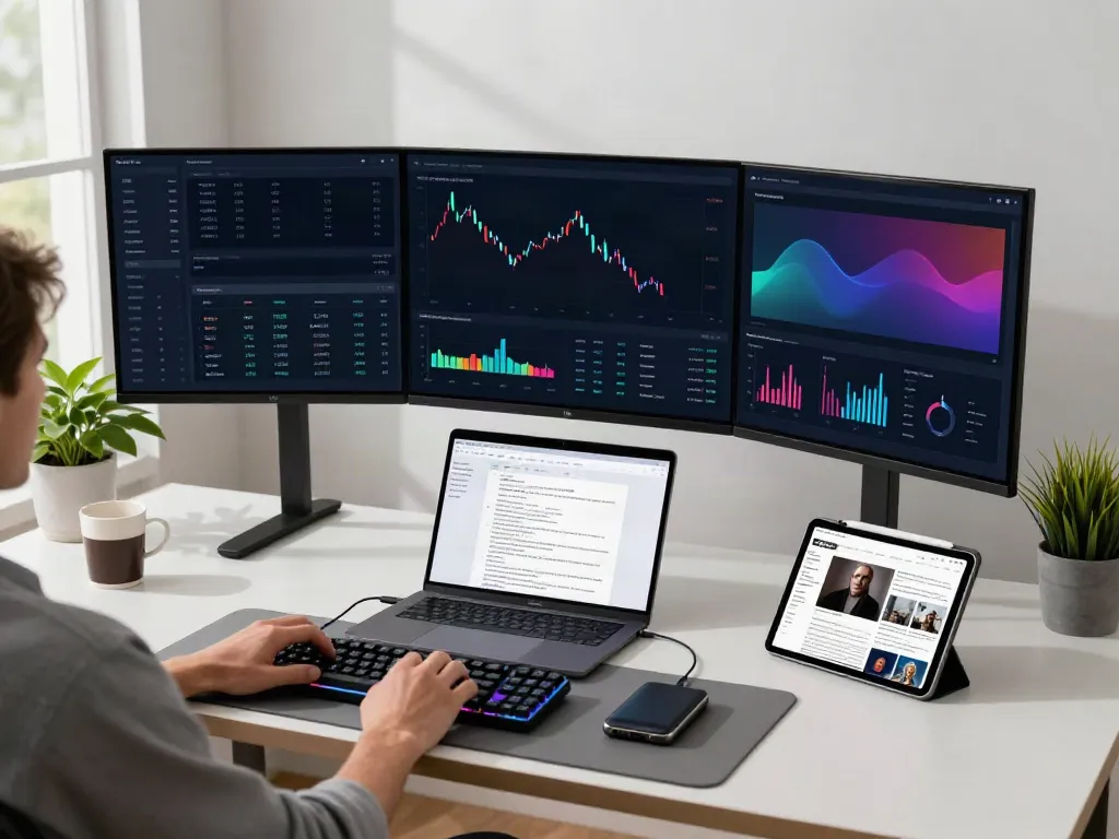 实时行情API displayed on multiple crypto trading platforms in a modern home office environment, emphasizing cutting-edge technology and professional trading.