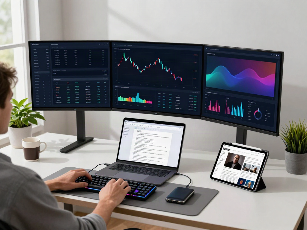 实时行情API displayed on multiple crypto trading platforms in a modern home office environment, emphasizing cutting-edge technology and professional trading.