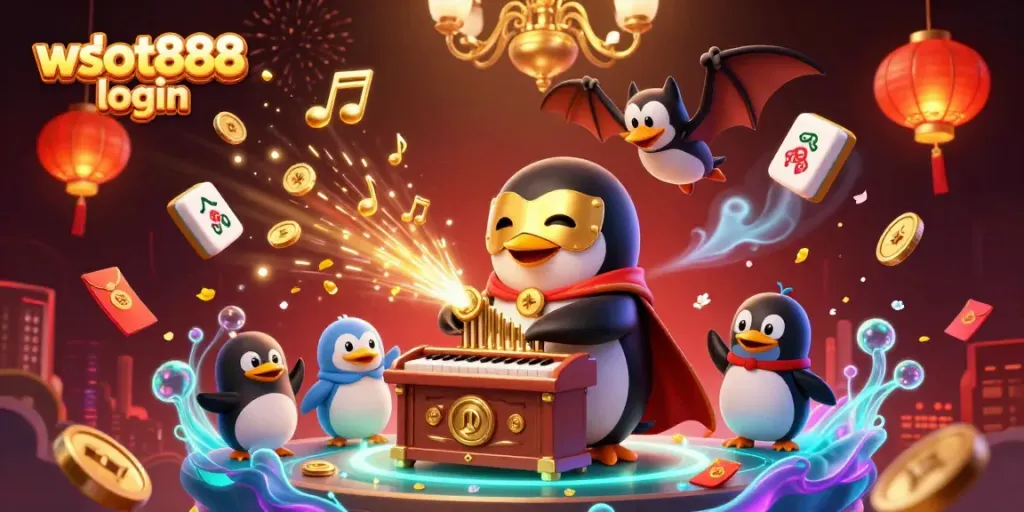 Gambarlah wslot888 login dengan penguin opera bermain organ yang menembakkan koin emas, menggambarkan keseruan judi online.
