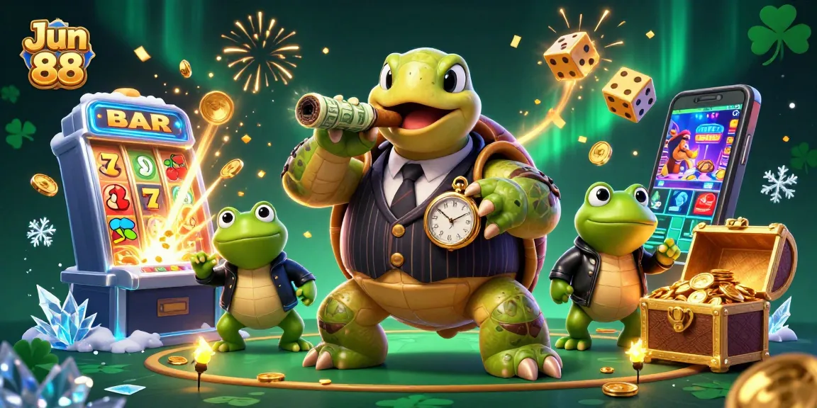 Experience exciting gaming with Jun 88 at a lively casino scene featuring dynamic characters and slot machines.