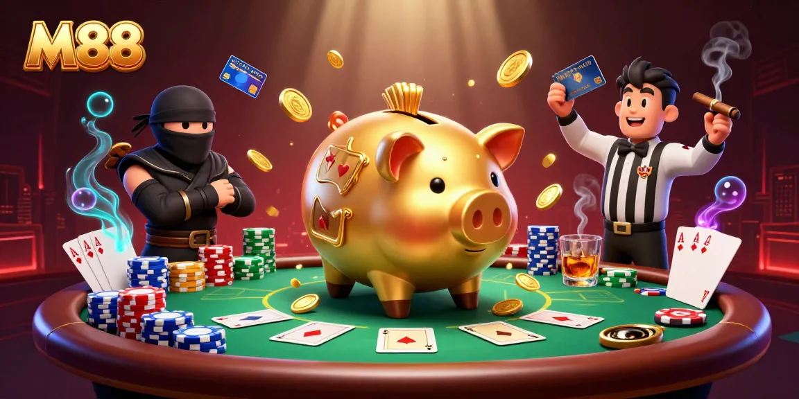 M88 sumo wrestler coin-slot character stomping coins while card ninja battles in a vibrant casino scene.