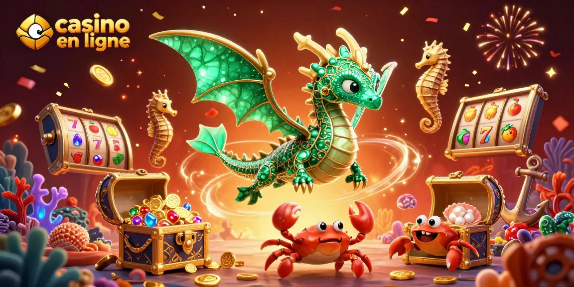 Casino en ligne : illustration captivante d'un dragon marin avec trésor et éléments de jeu