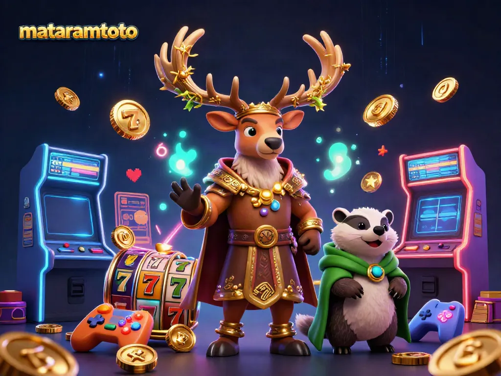 Play thrilling slots and win with mataramtoto's vibrant 3D casino illustration showcasing excitement.