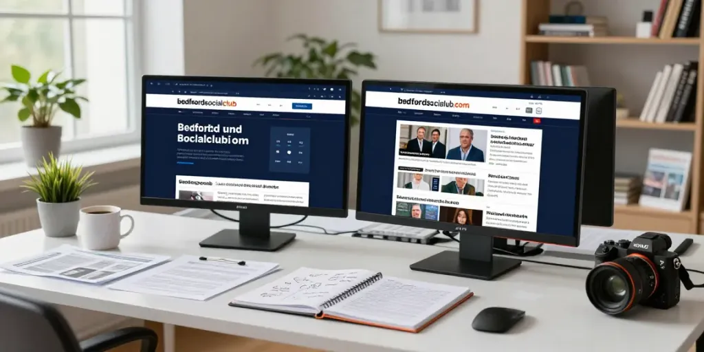 Journalist at desk with monitors displaying news from bedfordsocialclub.com, surrounded by notes.
