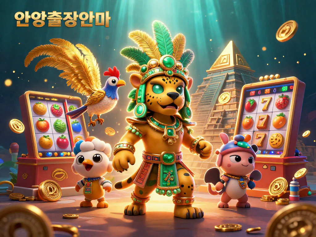 Experience the excitement of 안양출장안마 with vibrant slot reels and dynamic Mayan-themed characters.