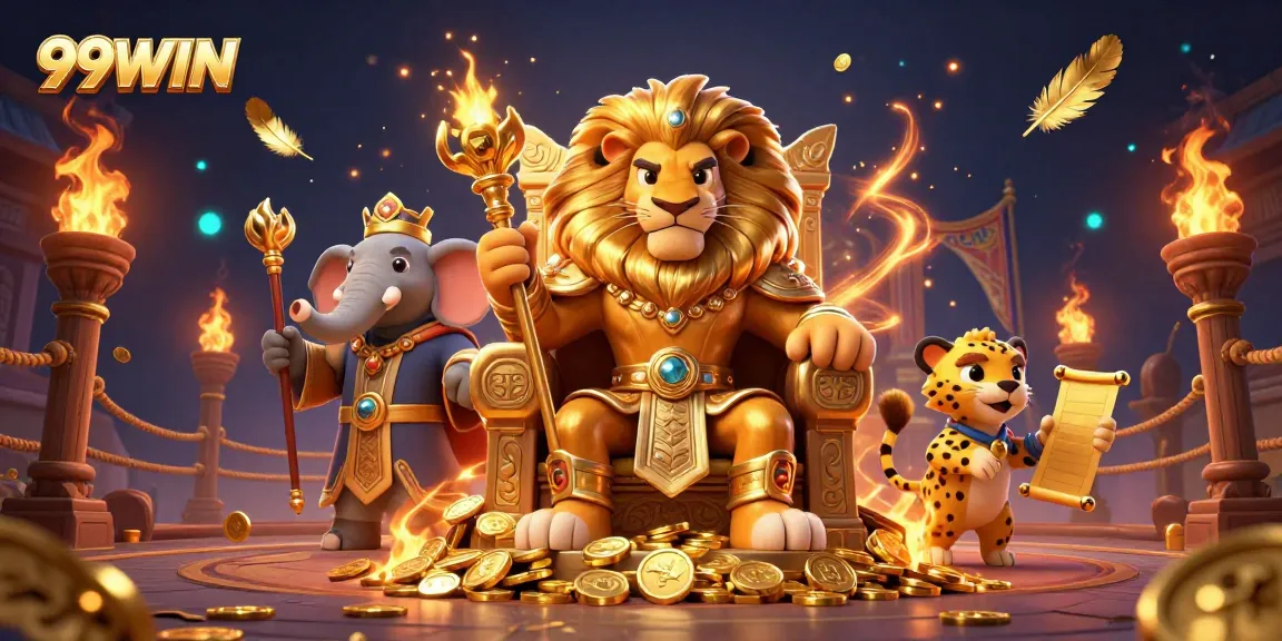 Engage in thrilling play at 99WIN, featuring a fierce lion king, wise elephant, and cheetah amidst vibrant gambling elements.