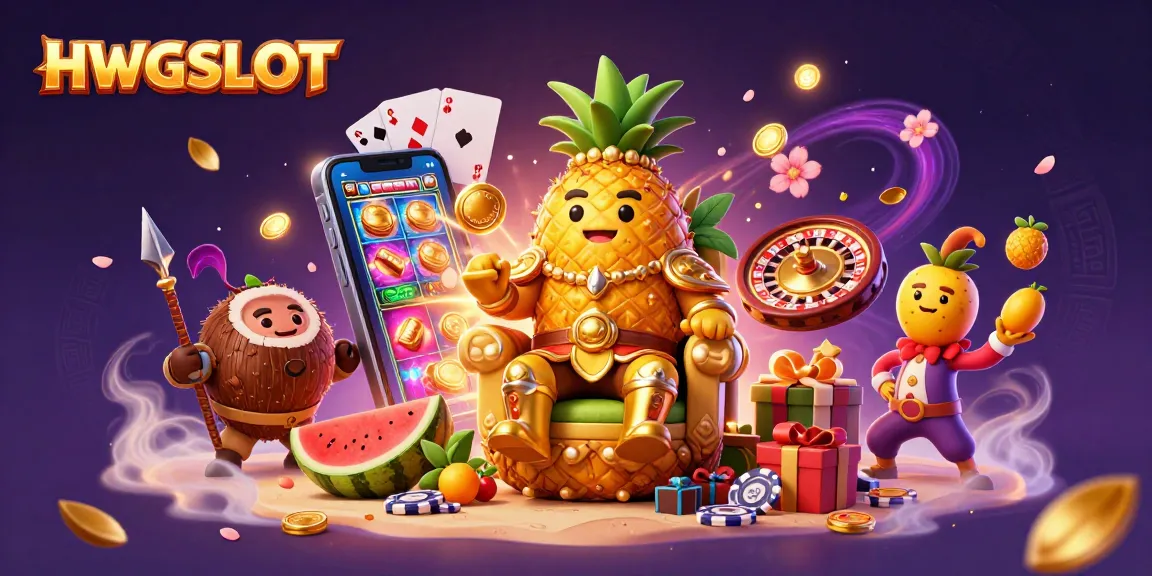 HWGSLOT brings vibrant casino action to life with a pineapple king, coconut guards, and playful elements.
