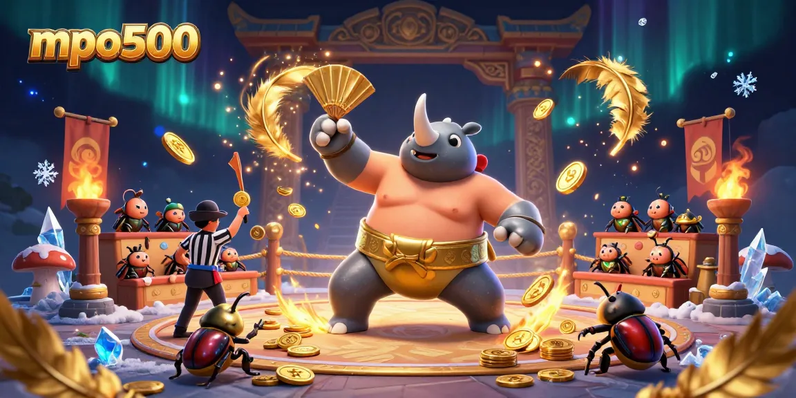 Bet on mpo500 as the iconic rhinoceros beetle sumo champion sends coins flying in a vibrant casino arena.