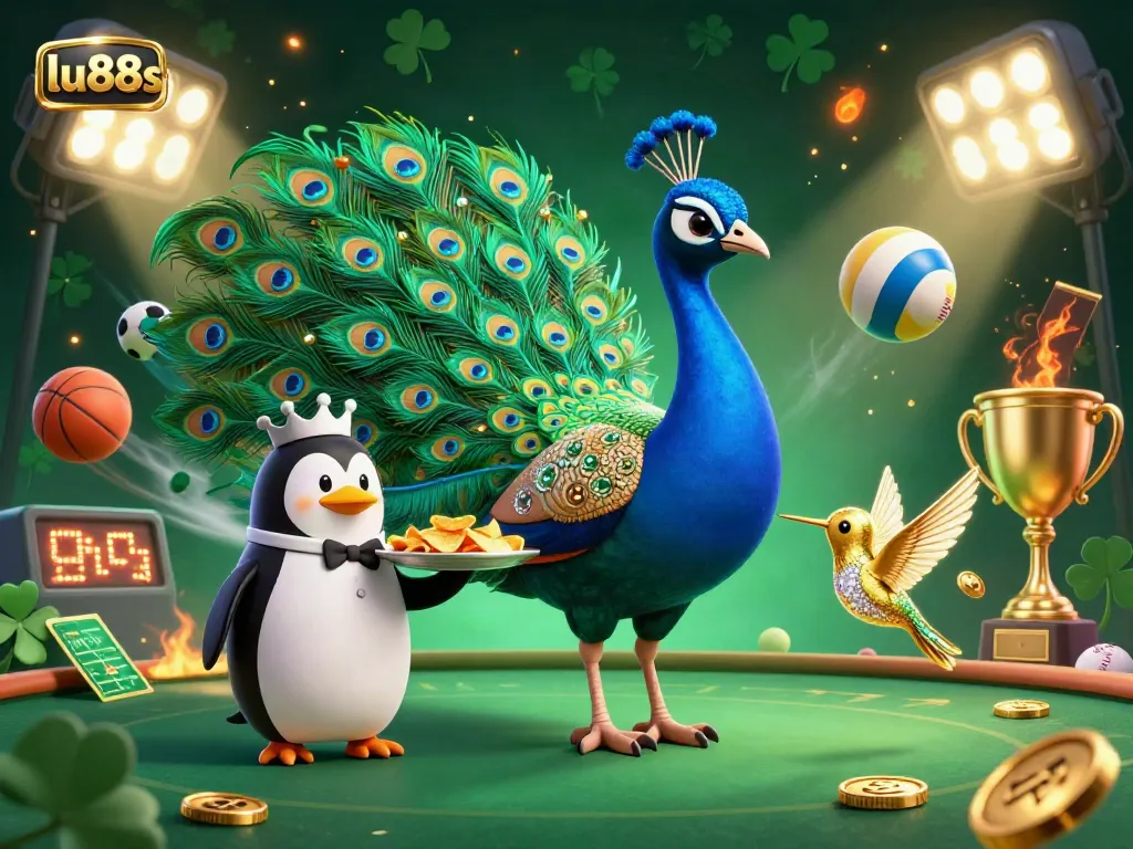 Experience thrilling gameplay at lu88s with lively characters and dynamic sports elements in a rich casino illustration.