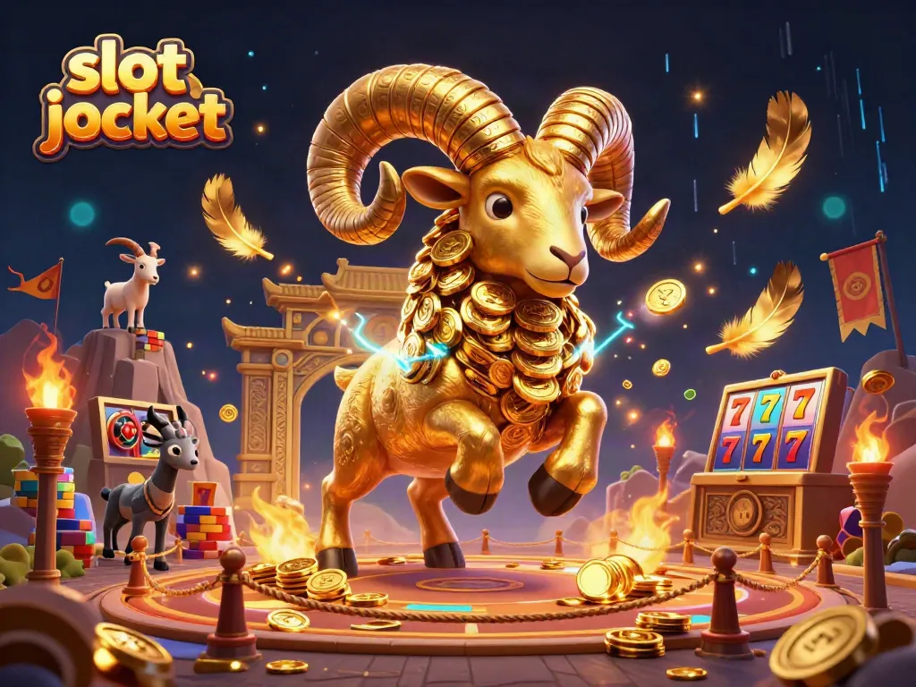 Experience the thrill of a slot jackpot with a golden ram amidst vibrant casino elements.