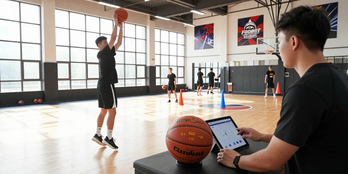 Basketball training session at Frobot Studios with athlete and coach using advanced tools