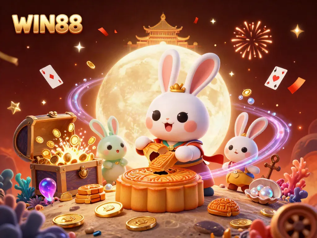 Experience the excitement of WIN88 with the magical moon rabbit and treasures, set in a festive casino scene.