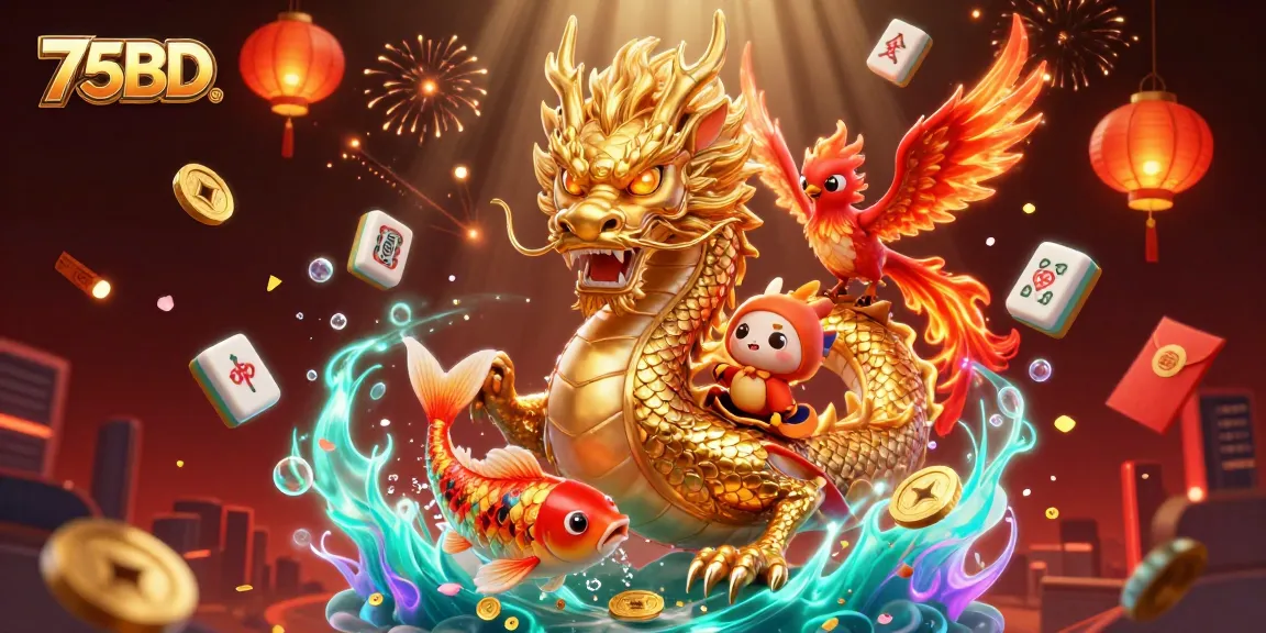 Experience the dynamic energy of 75BD with a dragon, phoenix, koi fish, and festive casino elements.