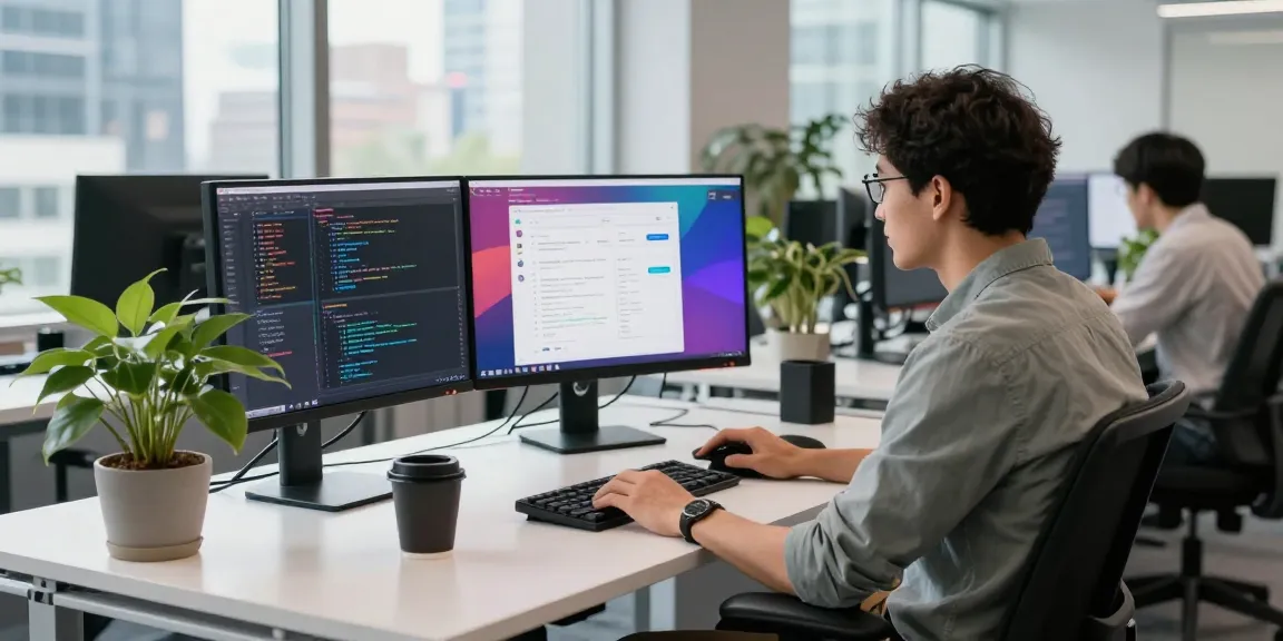 Dynamic tech workspace at miraviglp.com featuring a developer coding and a vibrant city view.