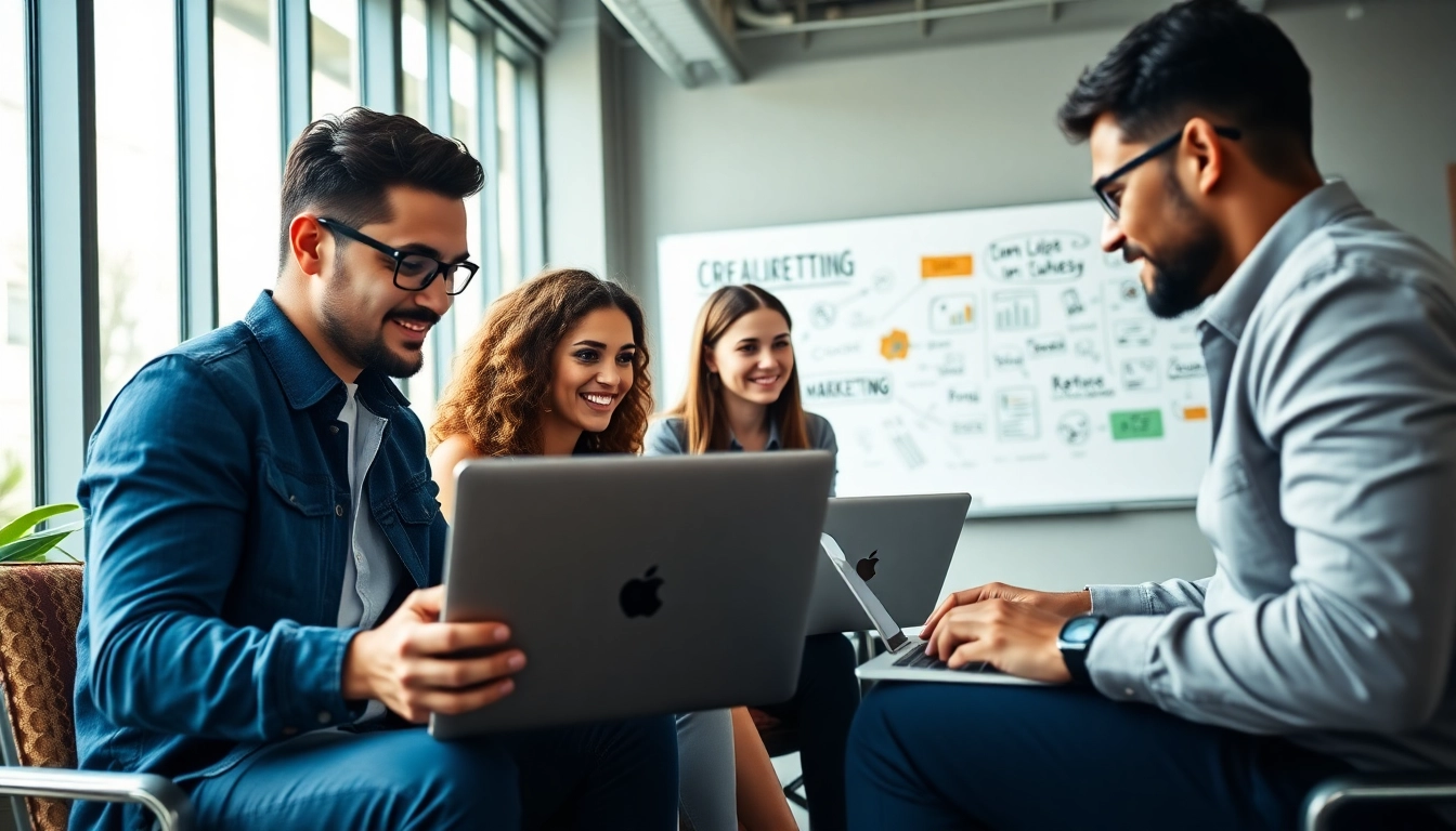 Digital Marketing Heroes actively collaborating in a bright office environment, showcasing teamwork.