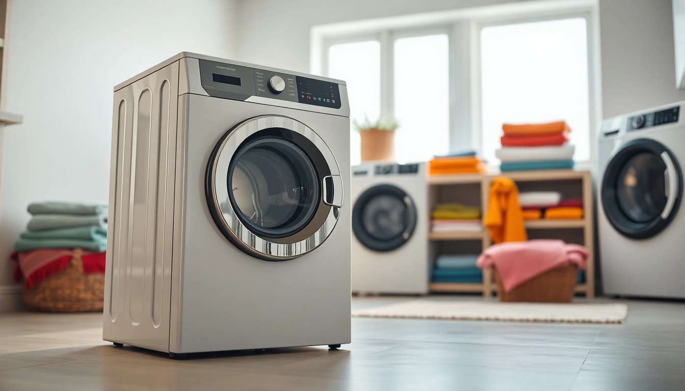 Wäschetrockner in einer modernen Waschküche, umgeben von ordentlich gefalteten Handtüchern und bunten Kleidungsstücken.