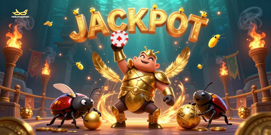 Experience the excitement of nekomayman with a victorious beetle lifting a poker chip in a vibrant casino scene.