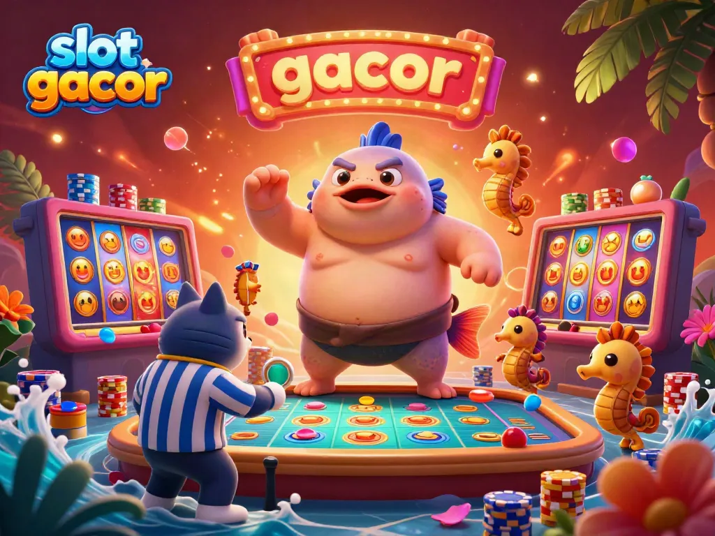 Engage with slot gacor action in an underwater casino with vibrant characters and spinning game elements.