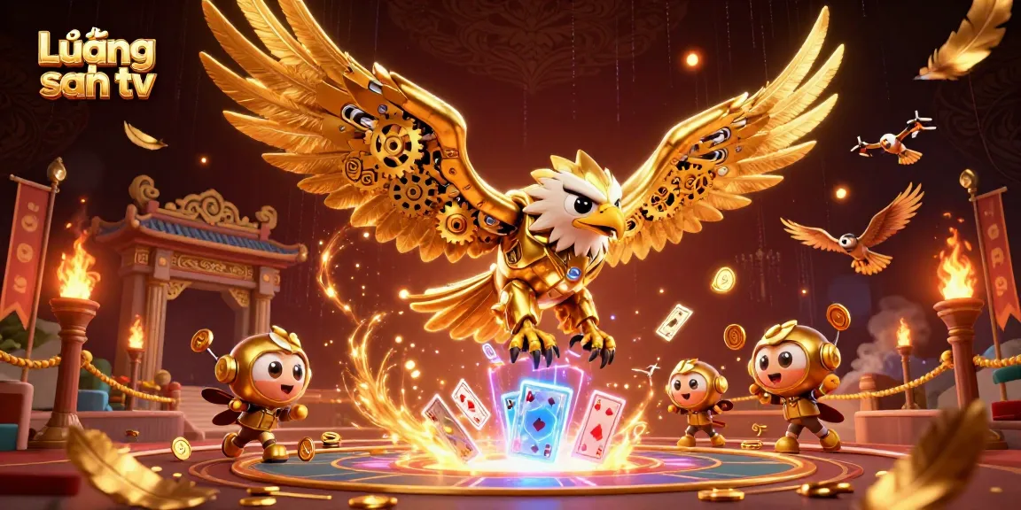 Lương sơn tv features an exhilarating scene with a golden eagle amidst swirling cards, showcasing vibrant gameplay action.