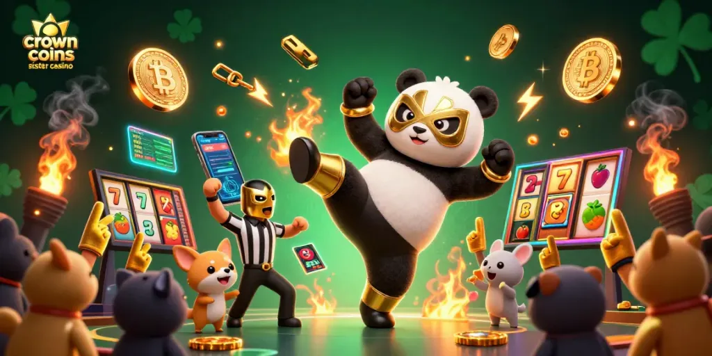 Crowd cheering with golden foam fingers at the crown coins sister casino slots event featuring a wrestling panda and referee.