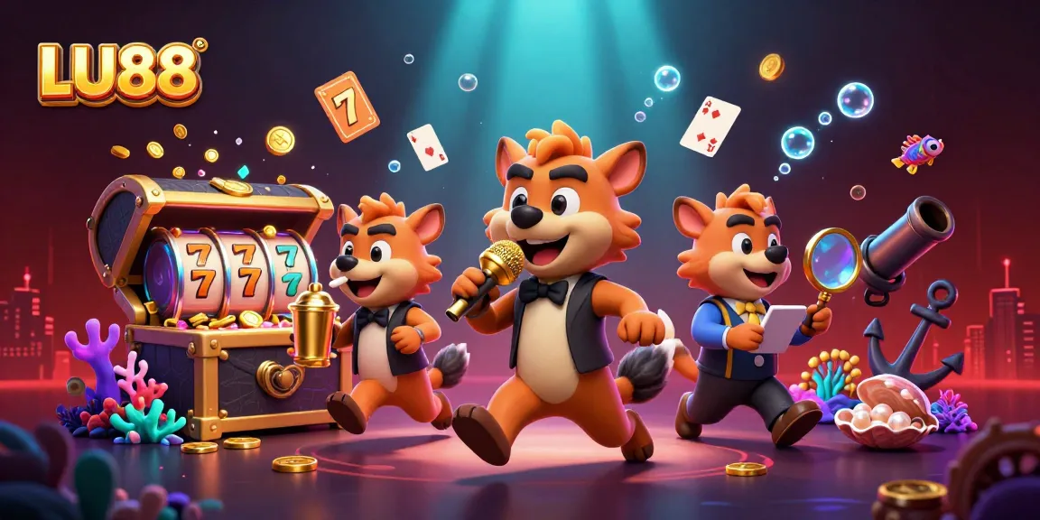 LU88's vibrant casino scene showcasing hyenas engaging in comedy, drinks, and security, surrounded by slot game excitement.