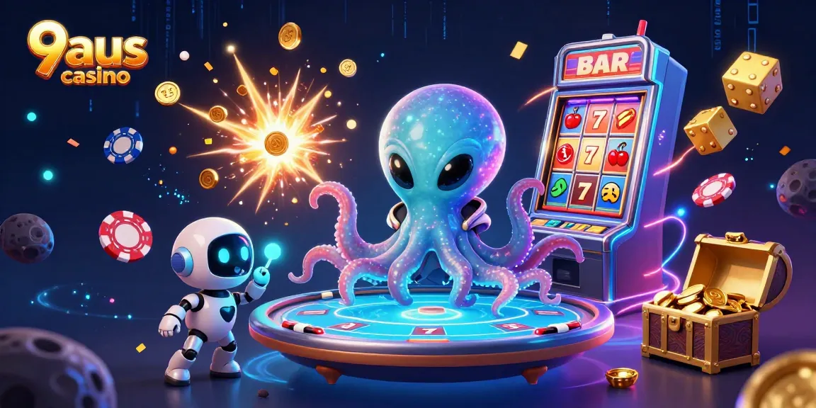 Engage with 9aus casino's thrilling alien-themed gaming experience featuring an excited octopus and robot.