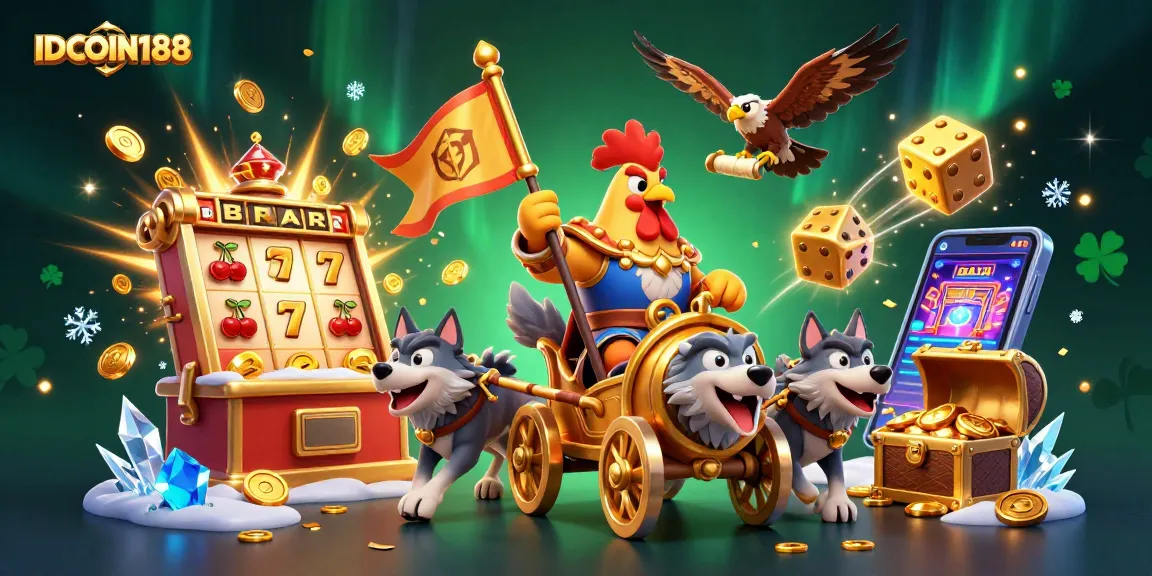 Experience excitement with IDCOIN188 through a lively casino illustration featuring a warlord and gaming elements.