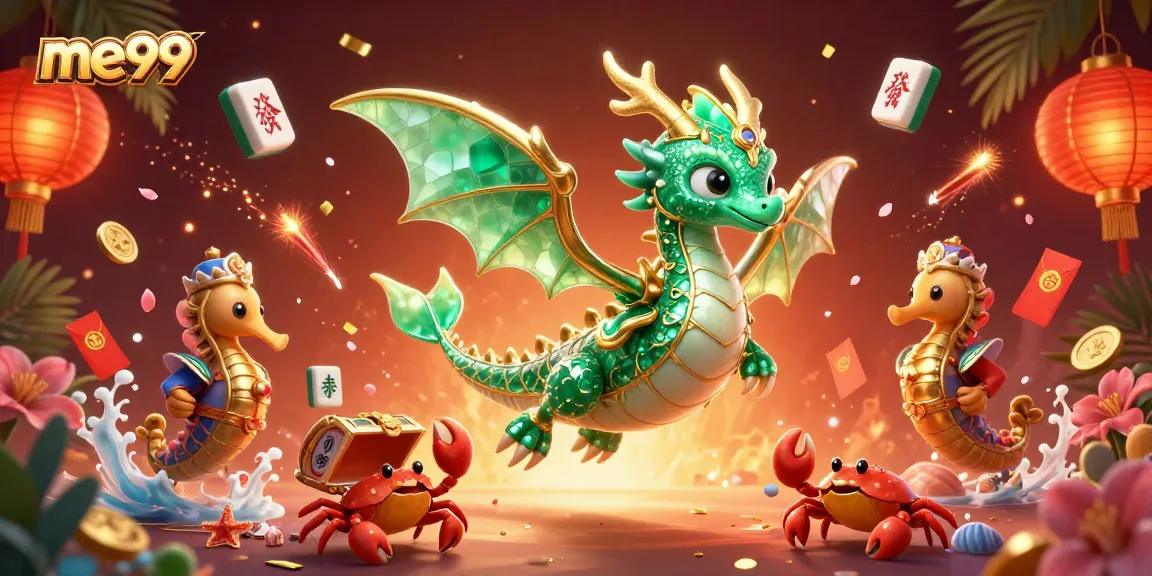 Experience excitement with me99 as the emerald sea dragon leads an elegant gaming scene.